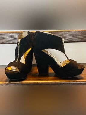 Carlos by Carlos Santana Black Suede Platform Ankle Peep Toe Shoes Gold Accent